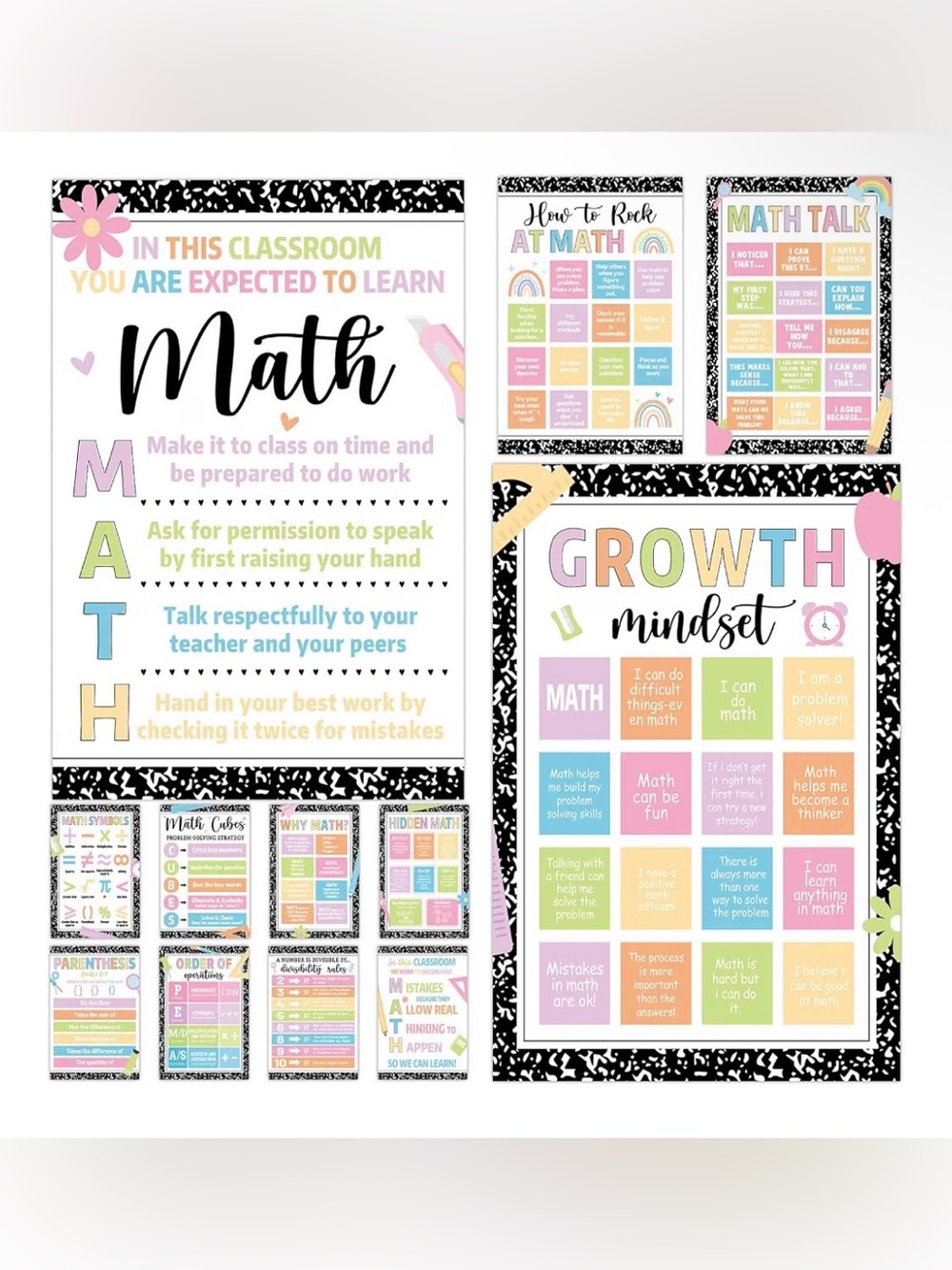 12PCS Composition Math Posters Classroom Inspirational Math Bulletin Board